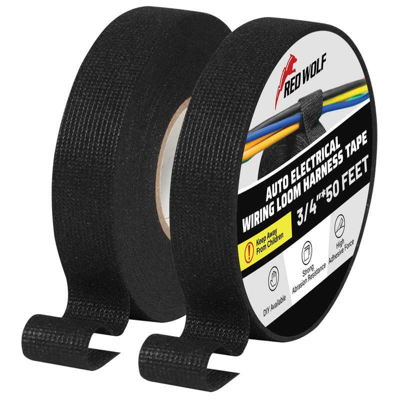 [Australia - AusPower] - RED WOLF Wire Harness Tape Electric High Temp Wiring Cable Loom Adhesive Fabric Tape for Automobile Electrical Harness Wrap Noise Damping Protection Insulation Cable Fixed 3/4 Inch x 50 FT 2 Pack 2P-3/4" x 50 FT 
