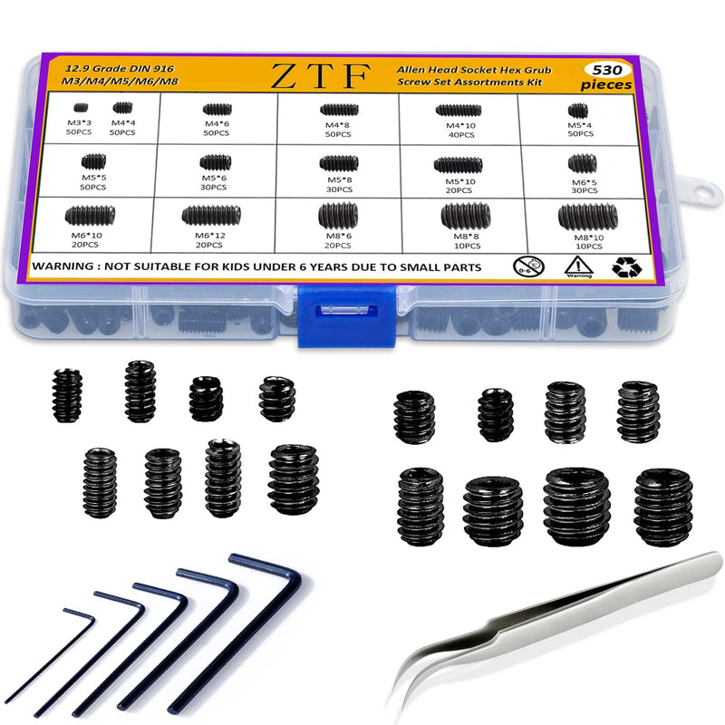 [Australia - AusPower] - 530Pcs Metric Set Screw Assortment Kit, M3/4/5/6/8 Grub Screws Internal Hex Drive Set Screws for Bathroom Fixtures, Door Handles knobs, Towel Rack Screws Replacement, 12.9 Grade Alloy Steel 