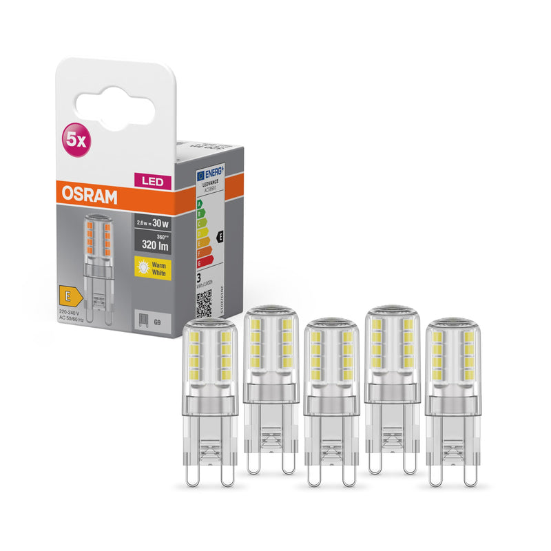 Osram Star PIN LED Light Bulb for G9 Base, Clear Glass, Warm White (2700K), 320 Lumens, Replacement for Conventional 30W Bulbs, Non-Dimmable, Pack of 5 5 pack