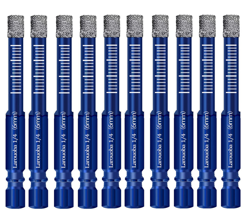 10Pcs 1/4" Dry Diamond Drill Bits Set, 6mm Diamond Drill Bits for Tile Ceramic Marble Porcelain Stone Glass(not for Wood)(Blue) 1/4 in Blue
