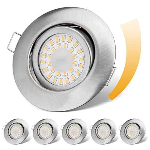 LED Recessed Spotlight, 230 V, Flat, Dimmable LED Spotlights, 6 W, IP44, Bathroom Recessed Lights, Ceiling Spotlights, Warm White, 3000 K, Swivelling Recessed Spotlights for Bathroom, Kitchen, Living Nickel-warm White 3000 K Set of 6