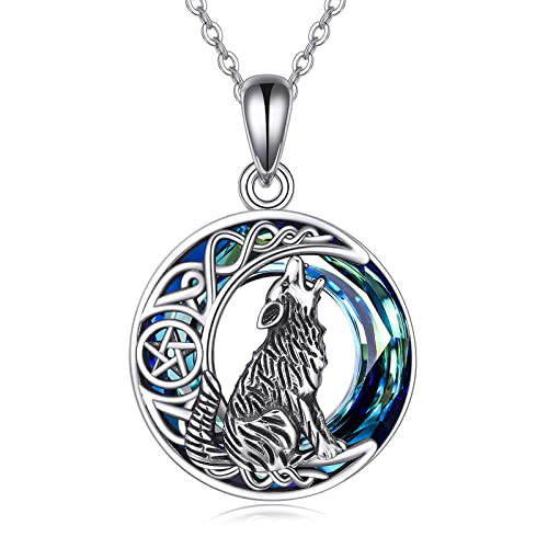 POPLYKE Sterling Silver Wolf Necklace Gifts for Women Celtic Knot Wolf Moon Pendant Necklace Jewelry for Men 18+2'' Wolf Urn (Turquoise)