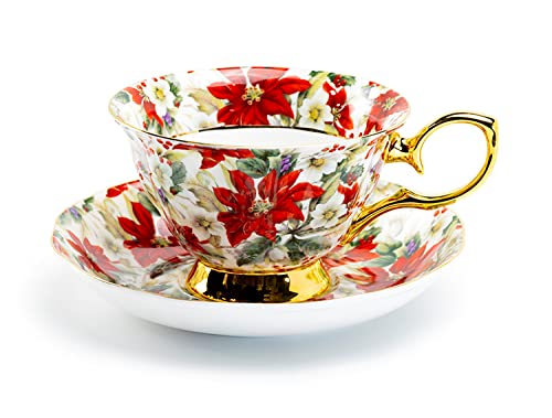 Poinsettia Chintz Gold Bone China Tea Cup and Saucer