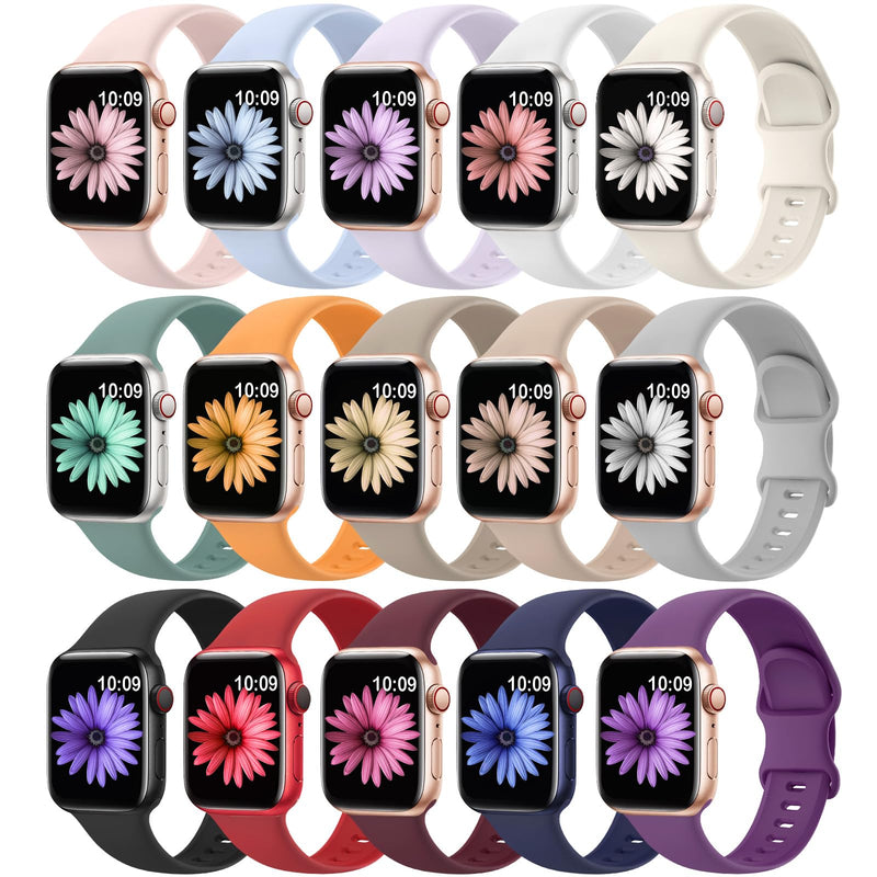 [Australia - AusPower] - 15 Pack Soft Silicone Bands Compatible with Apple Watch Band 40mm 41mm 38mm 45mm 44mm 42mm for Women Men,Waterproof Sport iWatch bands Replacement Strap Wristbands for iWatch SE Series 9 8 7 6 5 4 3 2 15pack-color 38mm/40mm/41mm 