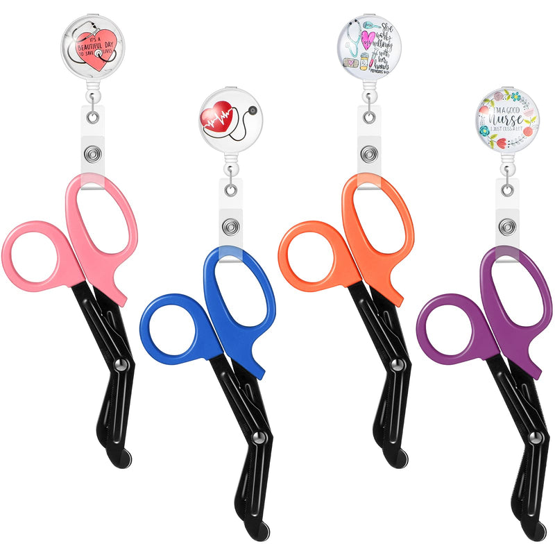[Australia - AusPower] - 4 Pcs Trauma Shears Bandage Scissors for Nurses Bandage Scissor with Retractable Badge Reels Surgical Gauze Shears Safety Bandage Scissors Badge Reel Clip for Sewing Crafting General Use 