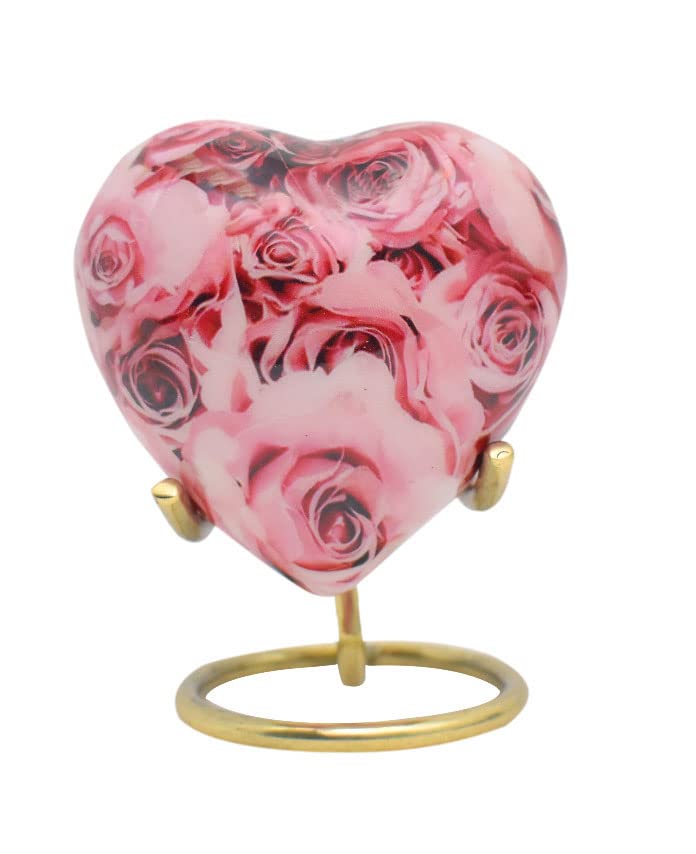 BOLD & DIVINE Urns for Human Ashes Adult Female and Men, Burial Urns, Decorative Urns, Funeral Urns, Cremation Urns for Women - Pink Rose, 1 Small Keepsake Heart with a Stand