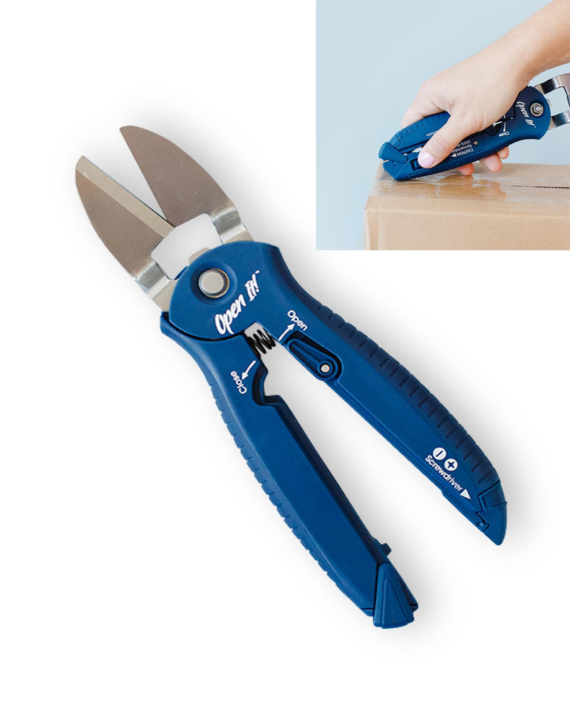 [Australia - AusPower] - Zibra Open-It! All-In-One Multi Tool with Heavy-Duty Scissors, Box Cutter, Screwdriver, and Package Opener, Blue 