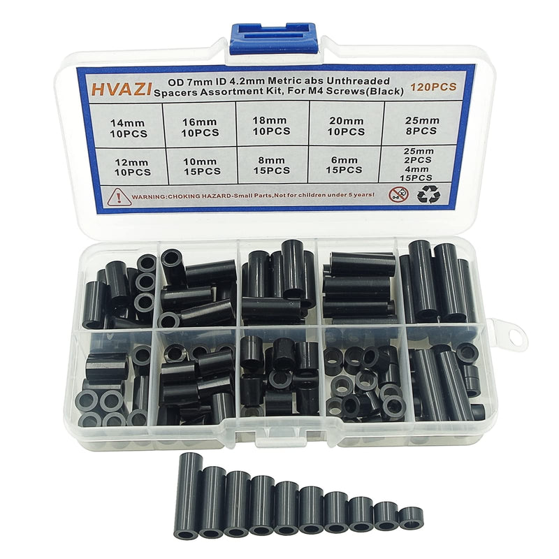 [Australia - AusPower] - Metric Black OD 7mm ID 4.2mm ABS Plastic Round Unthreaded Spacers Assortment Kit;for M4 Screws.4mm to 25mm Height,Round Straight Tube Standoffs 
