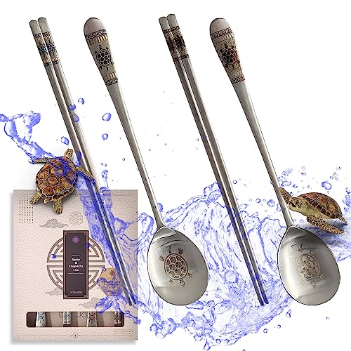 [Made in Korea] Hologram Turtle Design Korean Table Sticky Rice Spoon and Chopsticks 304 Stainless Steel Flat Chopsticks Matt Surface Mukbang Cutlery (Blue and Red) Blue and Red
