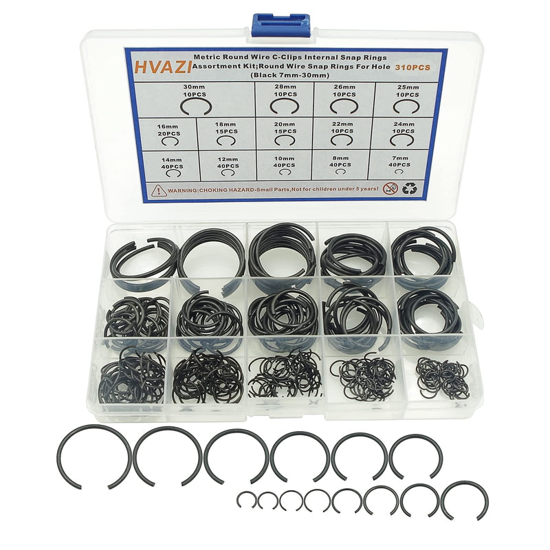 [Australia - AusPower] - 310PCS 14-Sizes Round Wire C-Clips Internal Snap Rings Assortment Kit;Round Wire Snap Rings for Hole(Black 7mm-30mm) 
