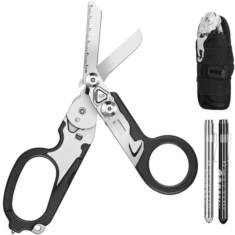 [Australia - AusPower] - 6 In1 Multifunction Emergency Response Shears, Stainless Steel Foldable Trauma Shears with Strap Cutter and Glass Breaker,Medical Scissors with Holster and Penlight 