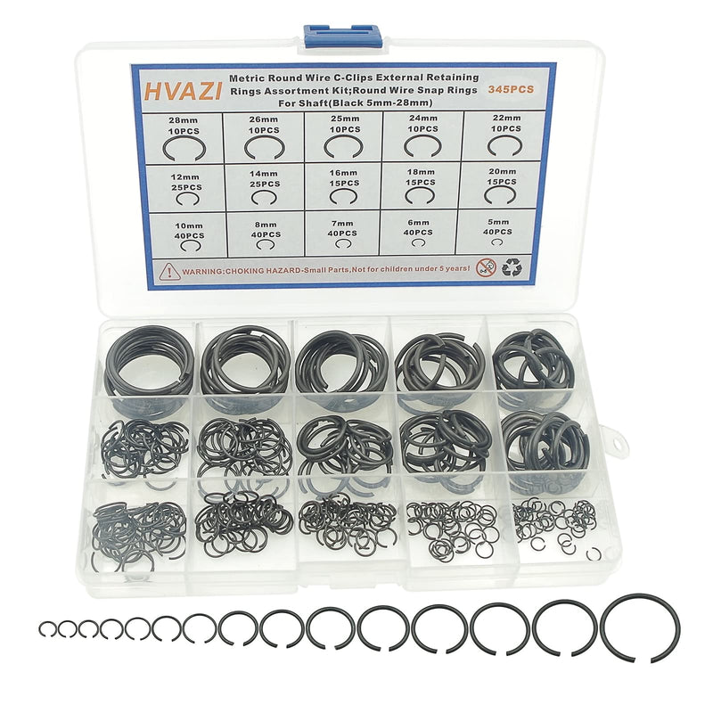 [Australia - AusPower] - Metric 15-Sizes Round Wire C-Clips External Retaining Rings Assortment Kit;Round Wire Snap Rings for Shaft(Black 5mm-28mm? 