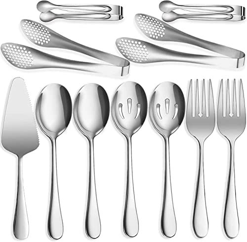 11 PCS Serving Utensils, Large Stainless Steel Spoons Forks Tongs, Pie Server, Great for Hostess Buffet Catering Banquet Party, Silver 11 PCS