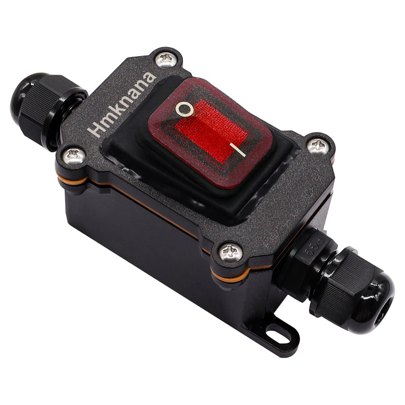 [Australia - AusPower] - IP67 Waterproof Inline Cord Switch 12V DC 20A DPST 4Pin 2 Position On Off Outdoor Toggle Switch with Red Light Rocker Button,Two-Side Entry & Exit Line DC 12-24V 