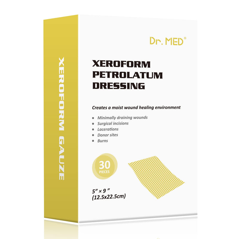 [Australia - AusPower] - Dr.Med Xeroform Petrolatum Dressing Patch, 5"x9"-30 Pcs/Box, Non-Adherent Gauze Dressings, for Minor or Partial Thickness Burns, Lacerations, Skin Graft Recipient Sites, Newly Sutured Wounds 5"x9" (30 Pcs/Box) 