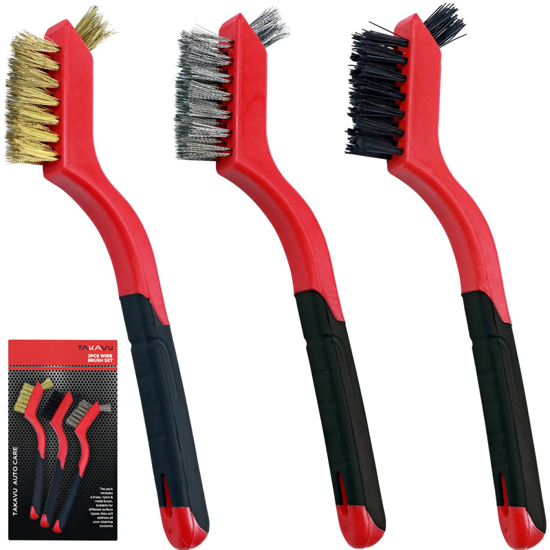 [Australia - AusPower] - TAKAVU Small Wire Brush Set, 3 Different Types Brush, Brass - Stainless Steel - Nylon Wire Brushes for Cleaning with Curved Handle Grip for Rust Removal, Dirt, Paint Scrubbing 3pcs Small Wire Brush 
