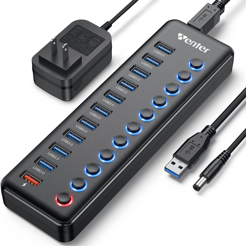 [Australia - AusPower] - Powered USB Hub, Wenter 11-Port USB Splitter Hub (10 Faster Data Transfer Ports+ 1 Smart Charging Port) with Individual LED On/Off Switches, USB Hub 3.0 Powered with Power Adapter for Mac, PC 10 USB 3.0 ports + 1 Charging port 