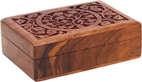 GURU JEE Hand Carved Wooden Jewelry Box For Women Keepsake Storage Organizer With Tree Of Life Patterns MONEY-PLANT_7X5
