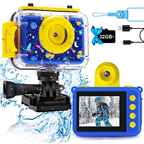 Pool Toy & Kids Underwater Camera 99FT Waterproof Kid Action Camera 1080P Video&20MP Photo with Flip Lens, Includes 32GB Card for Diving Swimming Beach Snorkeling.Birthday Gift for Boys - GKTZ Dark blue