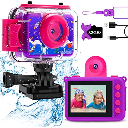 Pool Toy & Kids Underwater Camera - 99FT Waterproof Kid Action Camera 1080P Video&20MP Photo with Flip Lens, Includes 32GB Card for Diving Swimming Beach Snorkeling,Birthday Gift for Girls - GKTZ Dark purple