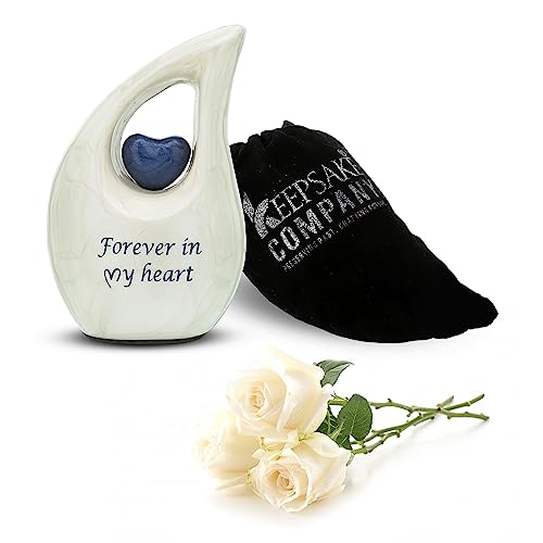 White Teardrop Small Urns for Human Ashes/Mini Urn with Dark Blue Heart/Cremation Keepsakes for Ashes/Ash Holders (White - Blue, Extra Small - EXS (3 Cu in)) Extra Small - EXS (3 Cubic Inch) White - Blue
