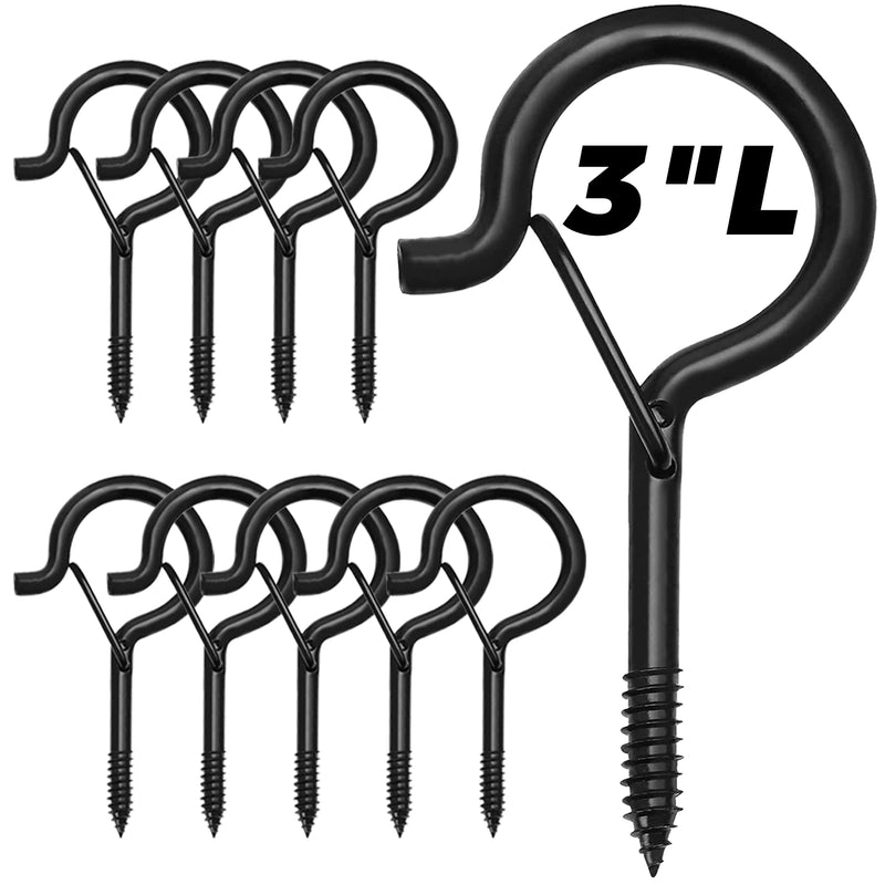 [Australia - AusPower] - 10 PCS 3 inches Q-Hanger Hooks with Safety Buckle, Screw Hooks for Outdoor String Lights, Ceiling Hooks for Hanging Plants, Black 10 