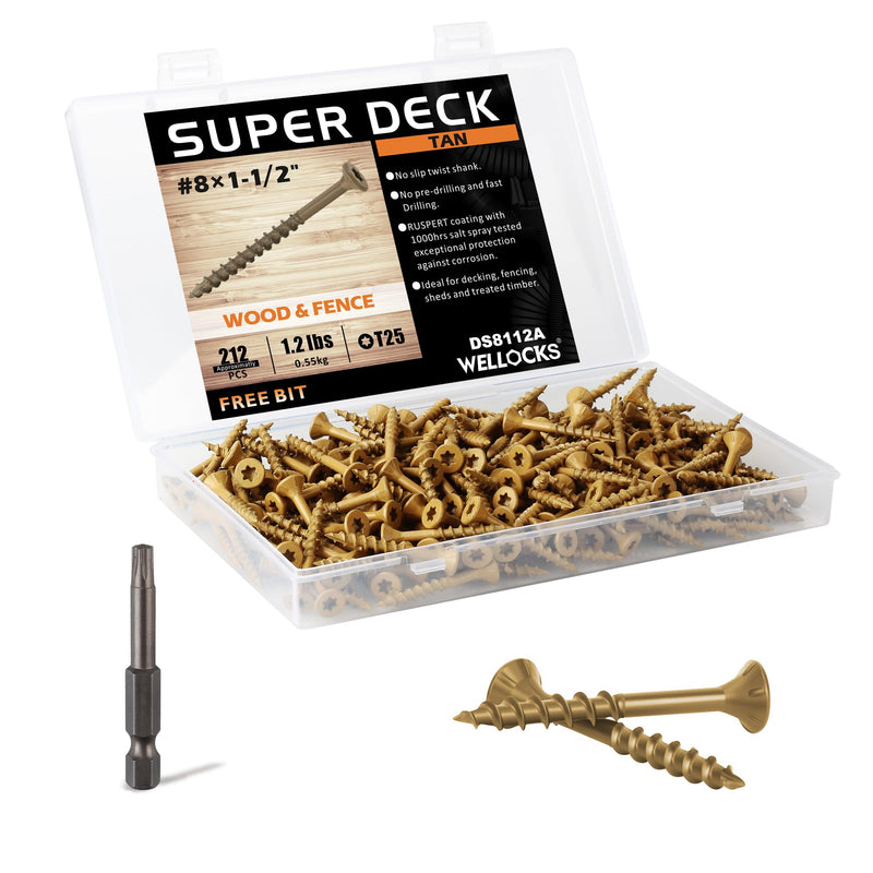 [Australia - AusPower] - WELLOCKS Deck Screws #8×1-1/2" 1.2LBS Box Approx 212 PCS Tan Color Torx Drive T25 Bit Included Above 1000 Hour Salt Spray Coating Wood Screws Excellent Rust Resistant for Outdoor Wood Fence(LXB8112A) #8×1-1/2" 1.2LBS Tan 