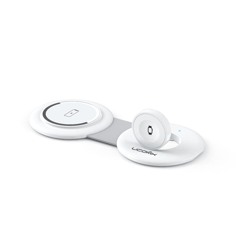 [Australia - AusPower] - UCOMX Nano Mini Magnetic 2 in 1 Wireless Charger,Traveler Wireless Folding Charging Station,Compatible for iPhone 12/13/14/15 Pro Max,AirPods Pro,iWatch Ultra,Travel Charger for Multple Devices White 