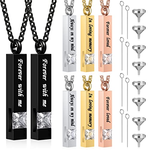 8 Pcs Memorial Urn Necklace Cremation Jewelry for Ashes for Men Women Human Ashes Keepsake Stainless Steel Cremation Pendant Bar Locket with Cubic Zirconia Silver, Black, Rose Gold, Gold