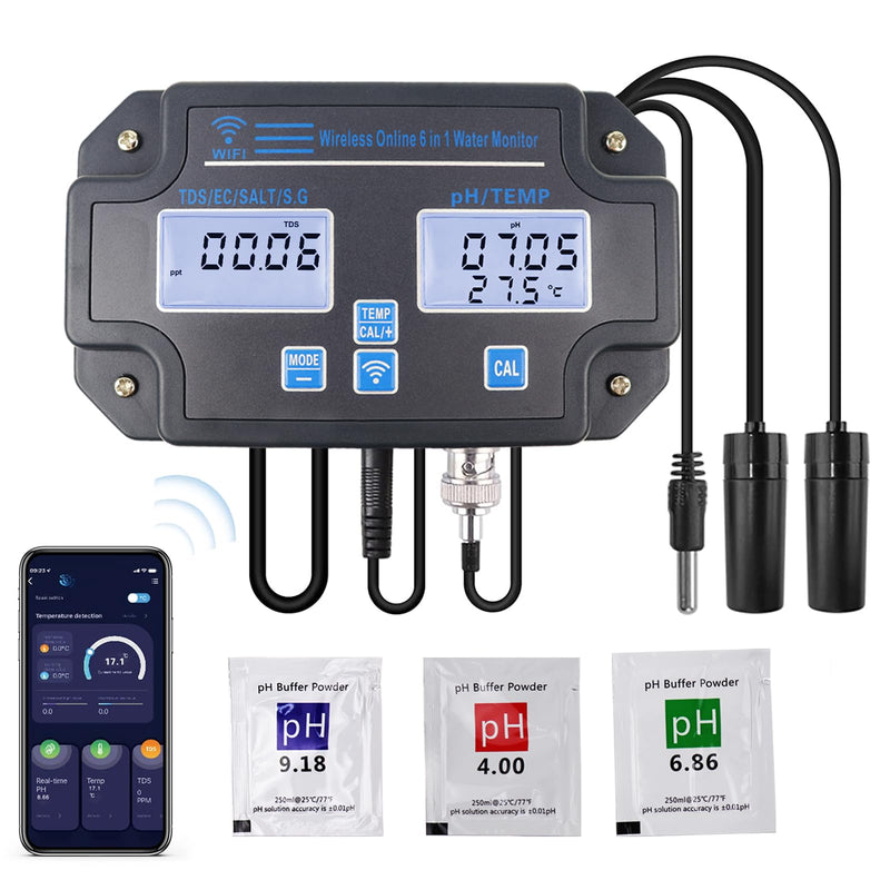 [Australia - AusPower] - DANOPLUS Smart Water Quality Tester, 24 hrs Wireless App Monitoring of pH EC TDS Salinity SG Temperature, Mountable with Alarm Function for Aquariums & Hydroponics 