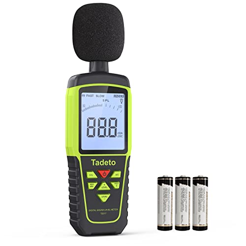 Decibel Meter, Tadeto Sound Level Meter Portable dB Meter 30dB to 130dB (5 Measuring Range) Backlight LCD Display, MAX/MIN, Acoustic and Visual Alarms, Data Hold, A/C Weighted Green