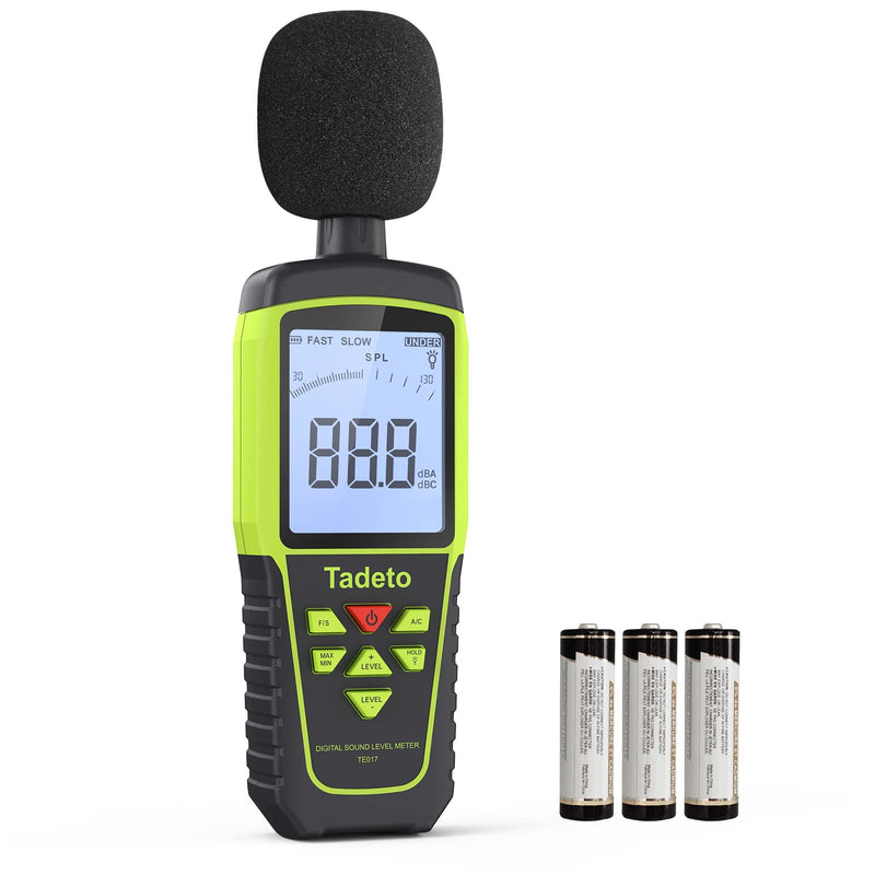 [Australia - AusPower] - Decibel Meter, Tadeto Digital Sound Level Meter Portable SPL Meter 30dB to 130dB(5 Measurement Range) Backlight LCD Display, MAX/MIN Noise Measurement, Audible and Visual Alarms,Data Hold, A/C Mode Green 