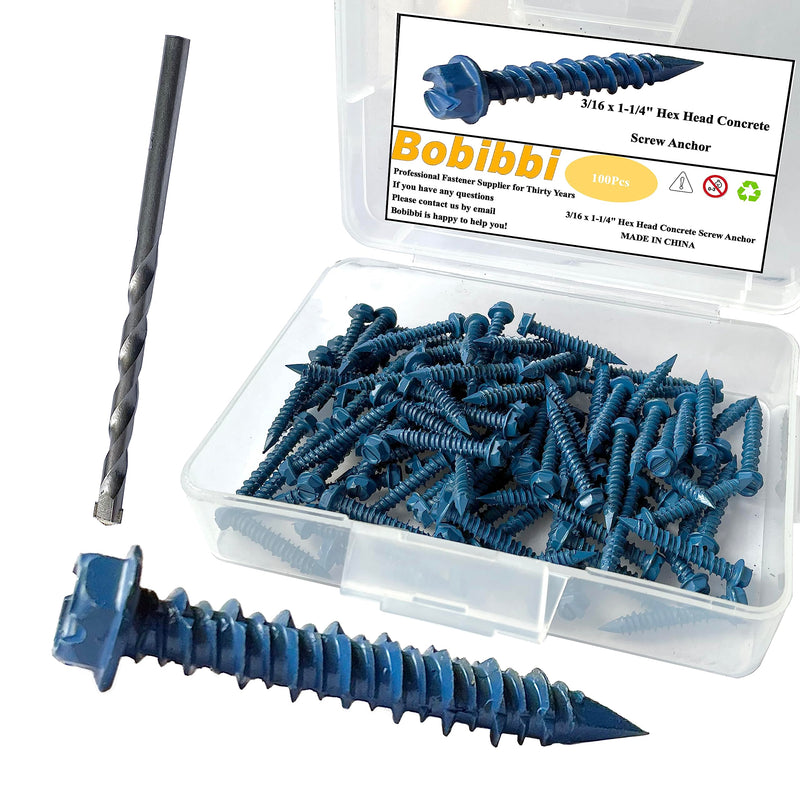 [Australia - AusPower] - 3/16 x 1-1/4" Hex Head Concrete Screw Anchor, for Anchoring to Masonry, Block or Brick (100Pcs) 3/16 x 1-1/4" 