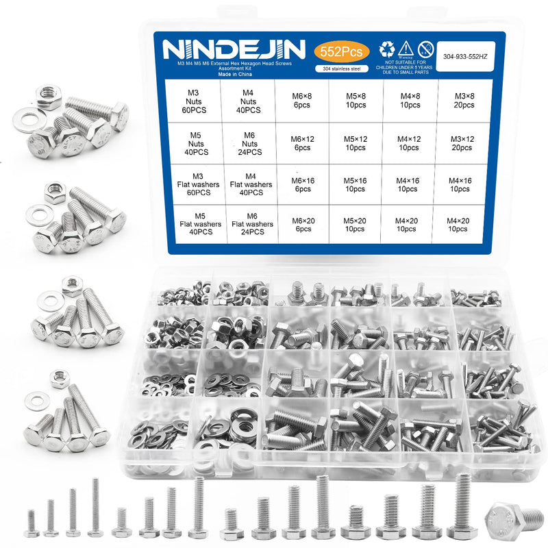 [Australia - AusPower] - NINDEJIN 552 PCS M3 M4 M5 M6 Hex Head Bolts and Nuts Set, 304 Stainless Steel External Hexagonal Bolts Set with Nuts and Washers, Heavy Duty Hex Head Cap Bolts and Nuts Kit with Storage Box 