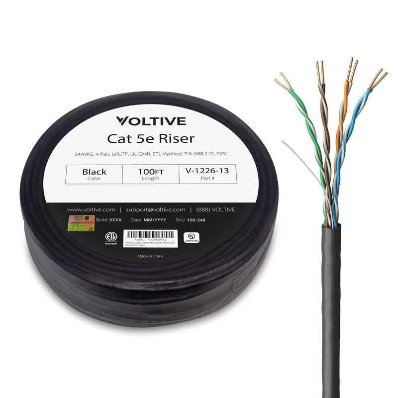 Voltive Cat5e Ethernet Cable, Riser (CMR), Black, 100ft - 24AWG 4 Pair Solid Bare Copper, UTP, 350MHz, UL Certified & ETL Verified - V-1226-13 100ft Coilpack