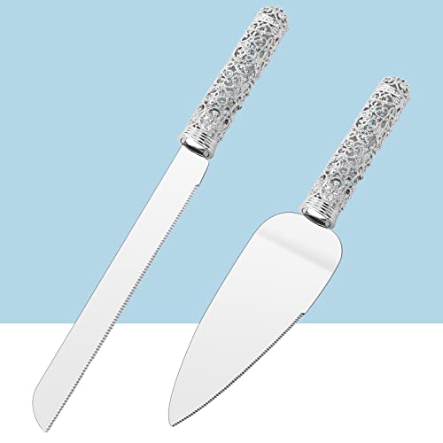 Wedding Silver Cake Knife and Server Set - 2 Pcs Dessert Set Metal Handle with Crystal Stones Decoration for Wedding, Anniversary Party Birthday Banquets, Gifts for Bride and Groom A SILVER