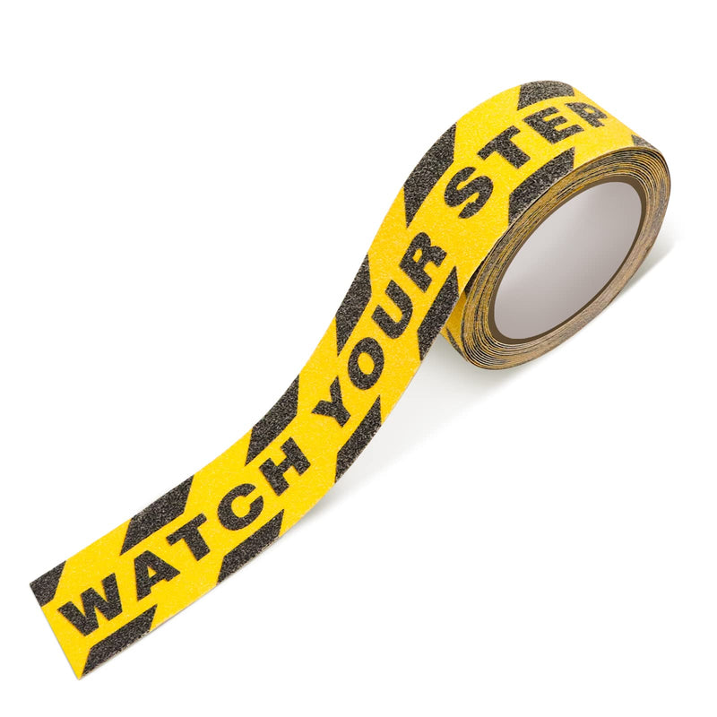 Huakaile Watch Your Step Caution Tape 1.97in x 16.4Ft, Non Skid Tape Yellow Black Waterproof, Anti-Slip High Traction Safety Grip Tape for Stairs Steps Ladder, Indoor Outdoor Treads (A) A