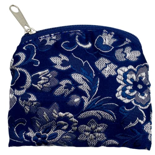 Needzo Blue and Silver Tone Tapestry Rosary Pouch, Religious Case for Keepsake Pendants or Jewelry, Pocket Sized Zipper Mini Bag, 3.75 Inches
