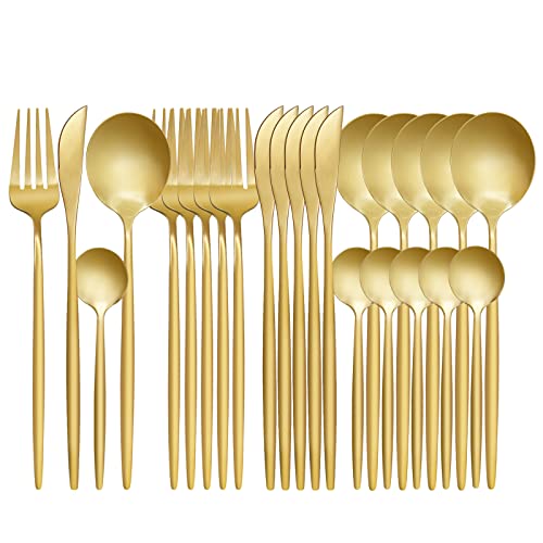 24-piece stainless steel flatware set with gold knives, forks, and spoons for 6, includes dinnerware and tableware for home use.