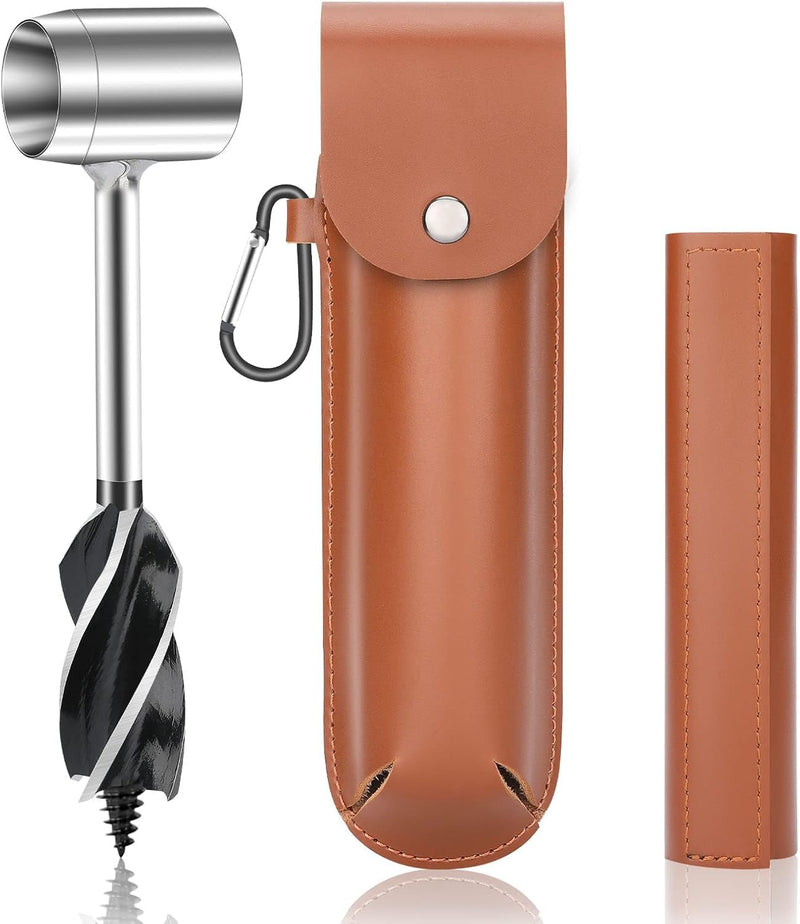 Bushcraft Hand Auger Wrench, Heavy-Duty Scotch Eye Wood Auger, Hand Auger Wood Drill, Manual Hole Maker Multitool with Leather Case for Camping, Outdoor, Hiking Vintage Brown