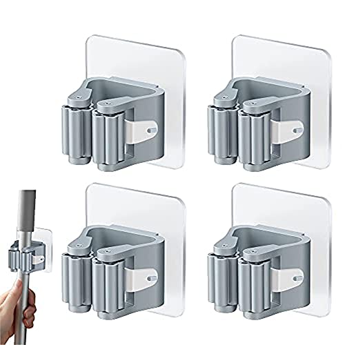 Pack of 4 Broom Holder Wall Self-Adhesive Broom Holder Self-Adhesive Mop Holder No Drilling Wall Mount Broom Holder Broom Holder Wall Mounted Grey Mop Holder Mop Holder for Kitchens, Bathrooms