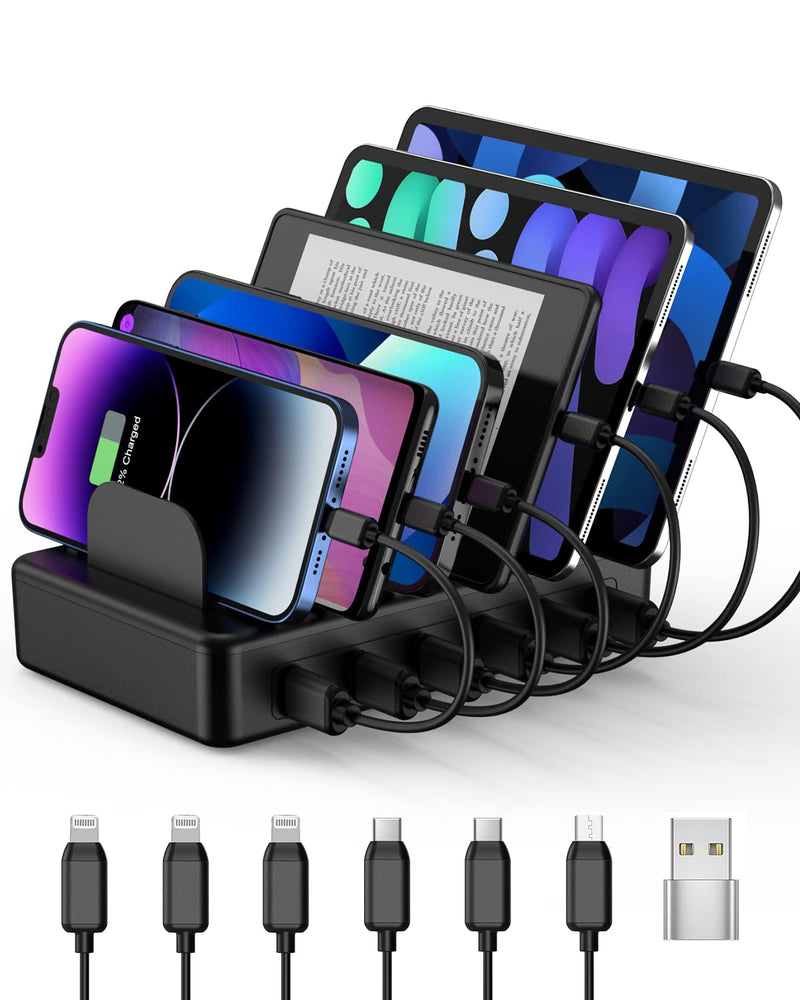 [Australia - AusPower] - CREATIVE DESIGN Charging Station, 50W 6 Ports Multi Charger Station with 6 Charging Cables, USB Charging Dock for Multiple Devices, Compatible with Cellphone iPad Kindle Tablet and Other Electronic Black 