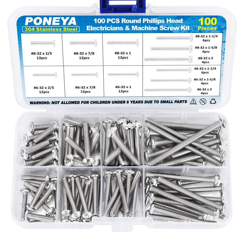 [Australia - AusPower] - Machine Screws, 100 PCS Phillips Pan Head Electricians Screw Kit #6-32#8-32 Thread 304 Stainless Steel Screws for Electrical Wall Plate Switch, Receptacles Mounting Screws with Storage Case 