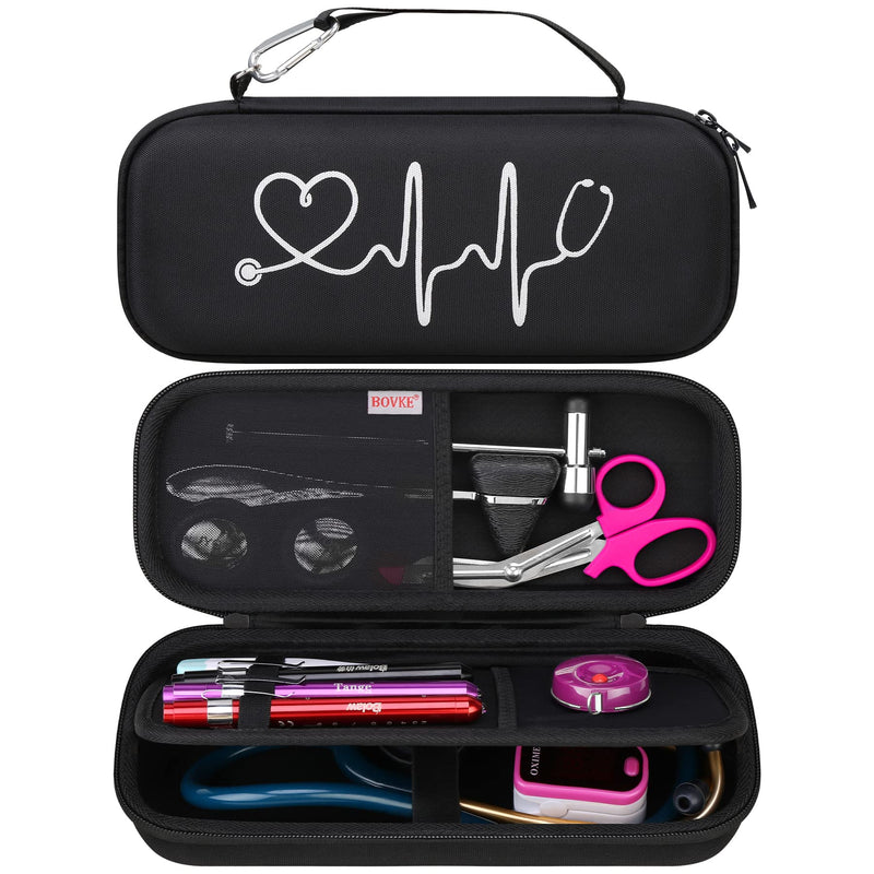 BOVKE Stethoscope Case Compatible with 3M Littmann Classic III, Lightweight II S.E, Cardiology IV Diagnostic, MDF Acoustica Deluxe Stethoscope, Additional Space for Taylor Hammer Black + Black F_Black+Black