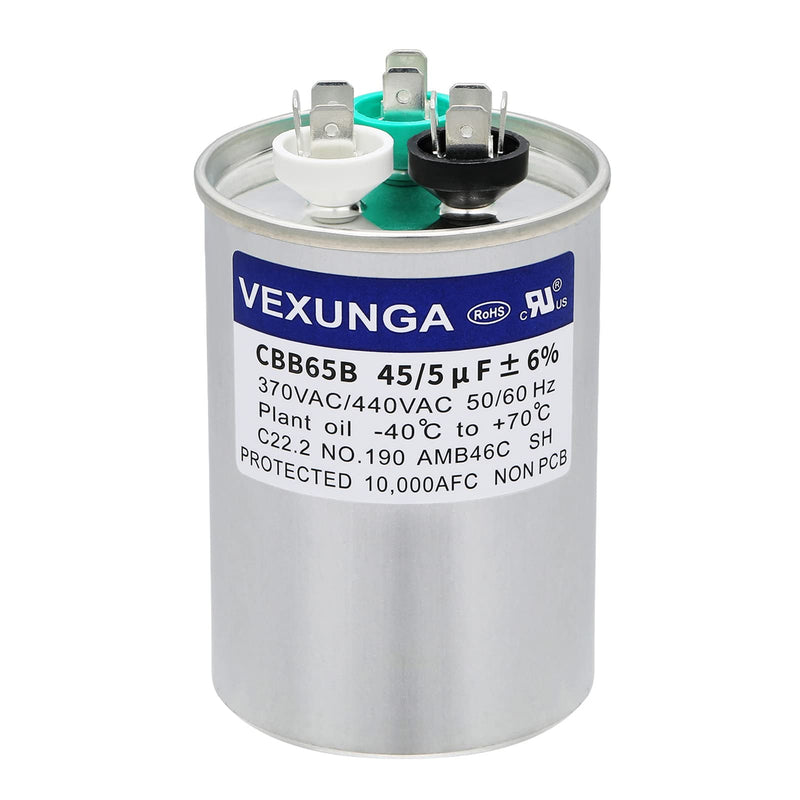 [Australia - AusPower] - VEXUNGA 45/5 uF 45+5 MFD 370V or 440V Dual Run Start Round A/C Capacitor 45 5 uF 370 440 Volt VAC CBB65B Air Conditioner Capacitors for AC Unit Fan Motor Start or Heat Pump or Condenser Straight Cool [V03] 45+5 uF Round 
