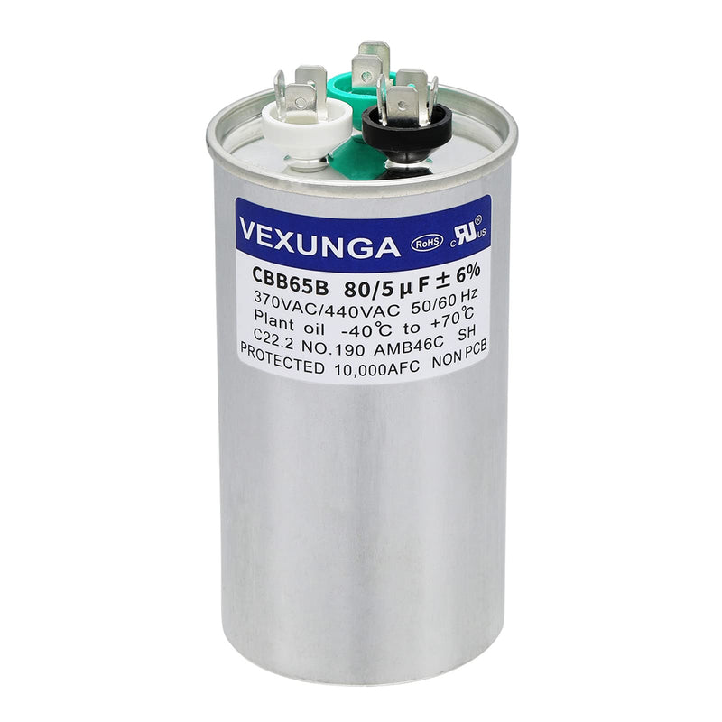 VEXUNGA 80/5 uF 80+5 MFD 370VAC or 440VAC Dual Run Start Round A/C Capacitor CBB65 CBB65B Air Conditioner Capacitors for AC Unit Fan Motor Start or Heat Pump or Condenser Straight Cool [V03] 80+5 uF Round