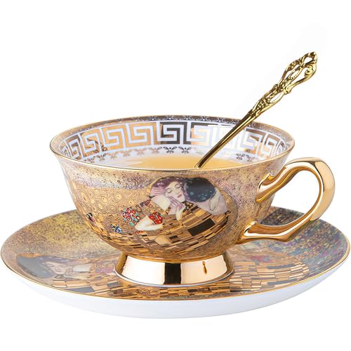 Ebrima Bone China Cup & Saucer Set, European Tea Cup Set with Spoon, Vintage Ceramic Coffee Cups for Home, Kitchen, Wedding, Christmas Gift