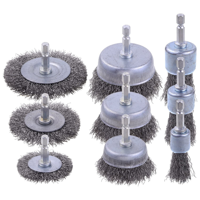 [Australia - AusPower] - 9 Pack Drill Wire Brush with 1/4-Inch Hex Shank, Rocaris Carbon Steel Drill Wire Brush, Cup/ Wheel/ Pen Brush Set for Rust Removal, Corrosion and Scrub Surfaces 9 