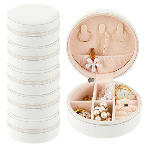 Taiyin 6 Pcs Travel Jewelry Case Bridesmaid Gift Boxes Small Jewelry Travel Organizer Round PU Leather Box Mini Storage for Wedding White