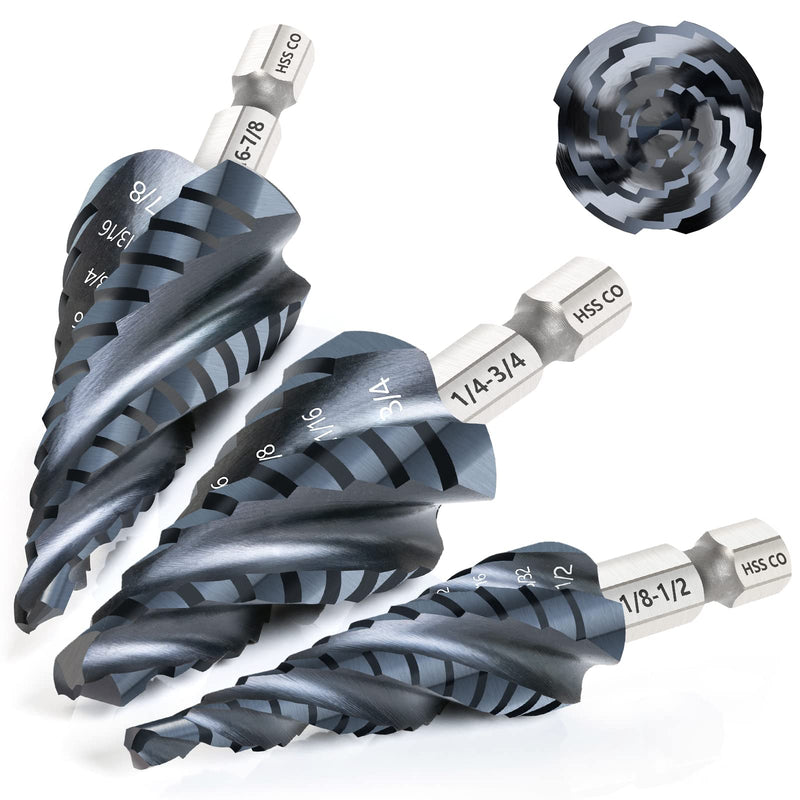 Matework M35 Cobalt Step Drill Bit Set, Four Spiral Flute Unibit Step Drill Bits (1/8"-7/8") Wear-Resistant TiAlN Coated, 1/4" Hex Shank for Metal, Carbon Steel, Stainless Steel, Wood, Plastic (3Pcs) 1/8"-7/8"
